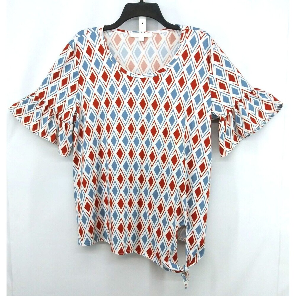 Juniper & Lime Shirt Womens Size XL Red White Blue Diamond Bell Sleeve Blouse